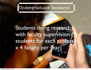 Undergraduate Research




                    •         Students doing research
                              with faculty supervision (3
                              students for each professor
                              x 4 faculty per year)


Thursday, February 16, 2012
 