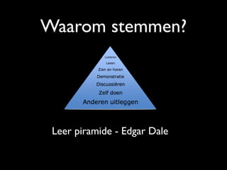 Waarom stemmen?
   !




               "##$%&$'(&)#!*)+'$!,'-#!
               !

 Leer piramide - Edgar Dale
 