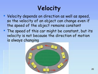Velocity 
 Velocity depends on direction as well as speed, 
so the velocity of an object can change even if 
the speed of the object remains constant 
 The speed of this car might be constant, but its 
velocity is not because the direction of motion 
is always changing 
2200 
 