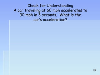 Check for Understanding 
A car traveling at 60 mph accelerates to 
90 mph in 3 seconds. What is the 
car’s acceleration? 
3355 
 