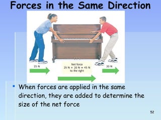 Forces in the Same Direction 
 When forces are applied in the same 
direction, they are added to determine the 
size of the net force 
5522 
 