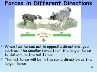 Forces in Different Directions 
 When two forces act in opposite directions, you 
subtract the smaller force from the larger force 
to determine the net force 
 The net force will be in the same direction as the 
larger force 
5544 
 