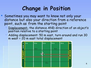 Change in Position 
 Sometimes you may want to know not only your 
distance but also your direction from a reference 
point, such as from the starting point 
 Displacement- the distance AND direction of an object’s 
position relative to a starting point 
 Adding displacement: 50 m east, turn around and run 30 
m west = 20 m east total displacement 
66 
 