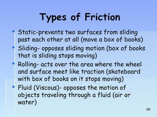 Types of Friction 
 Static-prevents two surfaces from sliding 
past each other at all (move a box of books) 
 Sliding- opposes sliding motion (box of books 
that is sliding stops moving) 
 Rolling- acts over the area where the wheel 
and surface meet like traction (skateboard 
with box of books on it stops moving) 
 Fluid (Viscous)- opposes the motion of 
objects traveling through a fluid (air or 
water) 
6600 
 