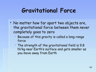 Gravitational Force 
 No matter how far apart two objects are, 
the gravitational force between them never 
completely goes to zero 
 Because of this gravity is called a long-range 
force 
 The strength of the gravitational field is 9.8 
N/kg near Earth’s surface and gets smaller as 
you move away from Earth 
6633 
 