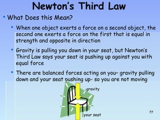 Newton’s Third Law 
 What Does this Mean? 
 When one object exerts a force on a second object, the 
second one exerts a force on the first that is equal in 
strength and opposite in direction 
 Gravity is pulling you down in your seat, but Newton’s 
Third Law says your seat is pushing up against you with 
equal force 
 There are balanced forces acting on you– gravity pulling 
down and your seat pushing up- so you are not moving 
gravity 
your seat 7777 
 
