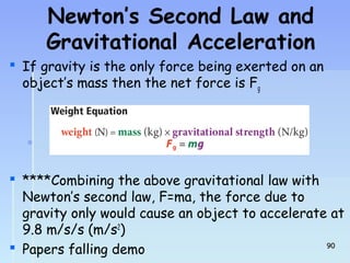 Newton’s Second Law and 
Gravitational Acceleration 
 If gravity is the only force being exerted on an 
object’s mass then the net force is Fg 
 
 ****Combining the above gravitational law with 
Newton’s second law, F=ma, the force due to 
gravity only would cause an object to accelerate at 
9.8 m/s/s (m/s2) 
 Papers falling demo 9900 
 