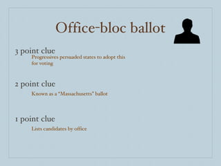 Office-bloc ballot 3 point clue 2 point clue 1 point clue Progressives persuaded states to adopt this for voting Known as a “Massachusetts” ballot Lists candidates by office 