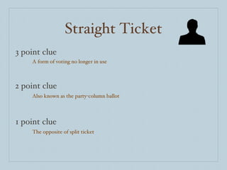 Straight Ticket 3 point clue 2 point clue 1 point clue A form of voting no longer in use Also known as the party-column ballot The opposite of split ticket 