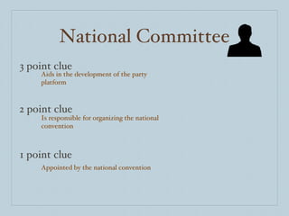 National Committee 3 point clue 2 point clue 1 point clue Aids in the development of the party platform Is responsible for organizing the national convention Appointed by the national convention 
