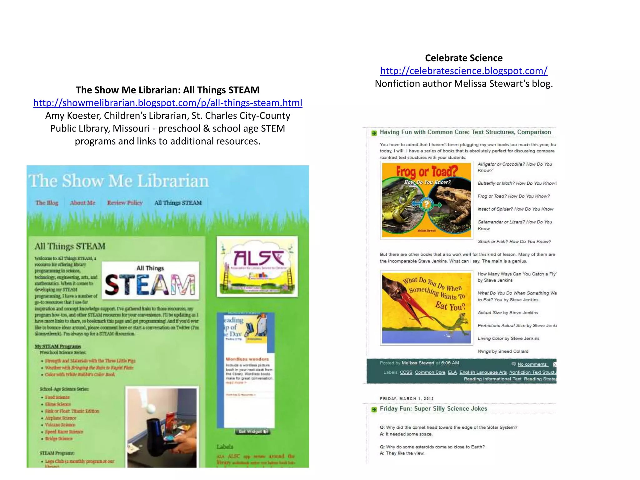 Celebrate Science
                                                                 http://celebratescience.blogspot.com/
                                                                Nonfiction author Melissa Stewart’s blog.
          The Show Me Librarian: All Things STEAM
http://showmelibrarian.blogspot.com/p/all-things-steam.html
   Amy Koester, Children’s Librarian, St. Charles City-County
    Public LIbrary, Missouri - preschool & school age STEM
          programs and links to additional resources.
 