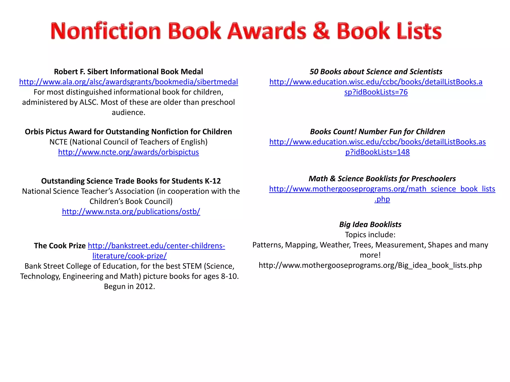 Robert F. Sibert Informational Book Medal                              50 Books about Science and Scientists
http://www.ala.org/alsc/awardsgrants/bookmedia/sibertmedal            http://www.education.wisc.edu/ccbc/books/detailListBooks.a
    For most distinguished informational book for children,                              sp?idBookLists=76
 administered by ALSC. Most of these are older than preschool
                           audience.

 Orbis Pictus Award for Outstanding Nonfiction for Children                     Books Count! Number Fun for Children
        NCTE (National Council of Teachers of English)                http://www.education.wisc.edu/ccbc/books/detailListBooks.as
           http://www.ncte.org/awards/orbispictus                                         p?idBookLists=148


     Outstanding Science Trade Books for Students K-12                          Math & Science Booklists for Preschoolers
National Science Teacher’s Association (in cooperation with the       http://www.mothergooseprograms.org/math_science_book_lists
                    Children’s Book Council)                                                     .php
            http://www.nsta.org/publications/ostb/
                                                                                         Big Idea Booklists
                                                                                           Topics include:
    The Cook Prize http://bankstreet.edu/center-childrens-        Patterns, Mapping, Weather, Trees, Measurement, Shapes and many
                     literature/cook-prize/                                                     more!
 Bank Street College of Education, for the best STEM (Science,      http://www.mothergooseprograms.org/Big_idea_book_lists.php
Technology, Engineering and Math) picture books for ages 8-10.
                         Begun in 2012.
 