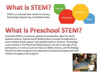 STEM is an acronym that stands for Science,
 Technology, Engineering, and Mathematics.




Preschool STEM is a storytime, geared at preschoolers ages 3-6, which
explores Science, Engineering & Mathematical concepts through picture
and nonfiction books, games, and related hands-on activities. Technology
is also utilized in the Preschool STEM program, but due to the age of the
participants, it is not as much of a focus as Math, Science, and Technology.
Parents (or adult caregivers) are expected to actively participate with their
children throughout the program.
 
