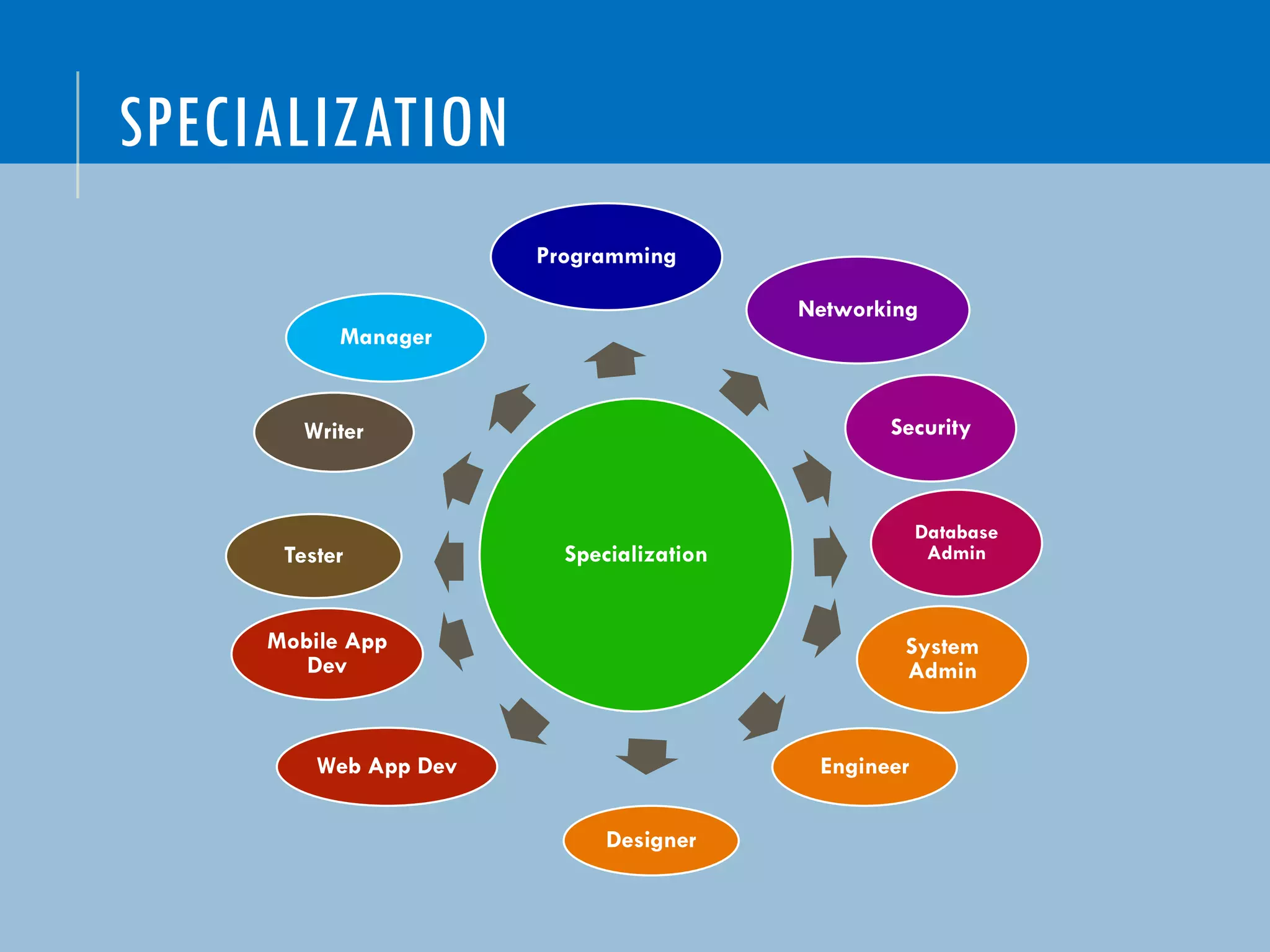 SPECIALIZATION
Specialization
Programming
Networking
Security
Database
Admin
System
Admin
Engineer
Designer
Web App Dev
Mobile App
Dev
Tester
Writer
Manager
 