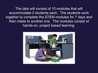 The labs will consist of 10 modules that will
accommodate 2 students each. The students work
together to complete the STEM modules for 7 days and
then rotate to another one. The modules consist of
hands-on, project based learning.
 