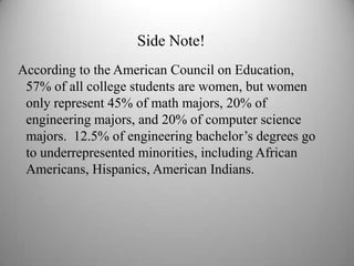 Side Note! According to the American Council on Education, 57% of all college students are women, but women only represent 45% of math majors, 20% of engineering majors, and 20% of computer science majors.  12.5% of engineering bachelor’s degrees go to underrepresented minorities, including African Americans, Hispanics, American Indians.13