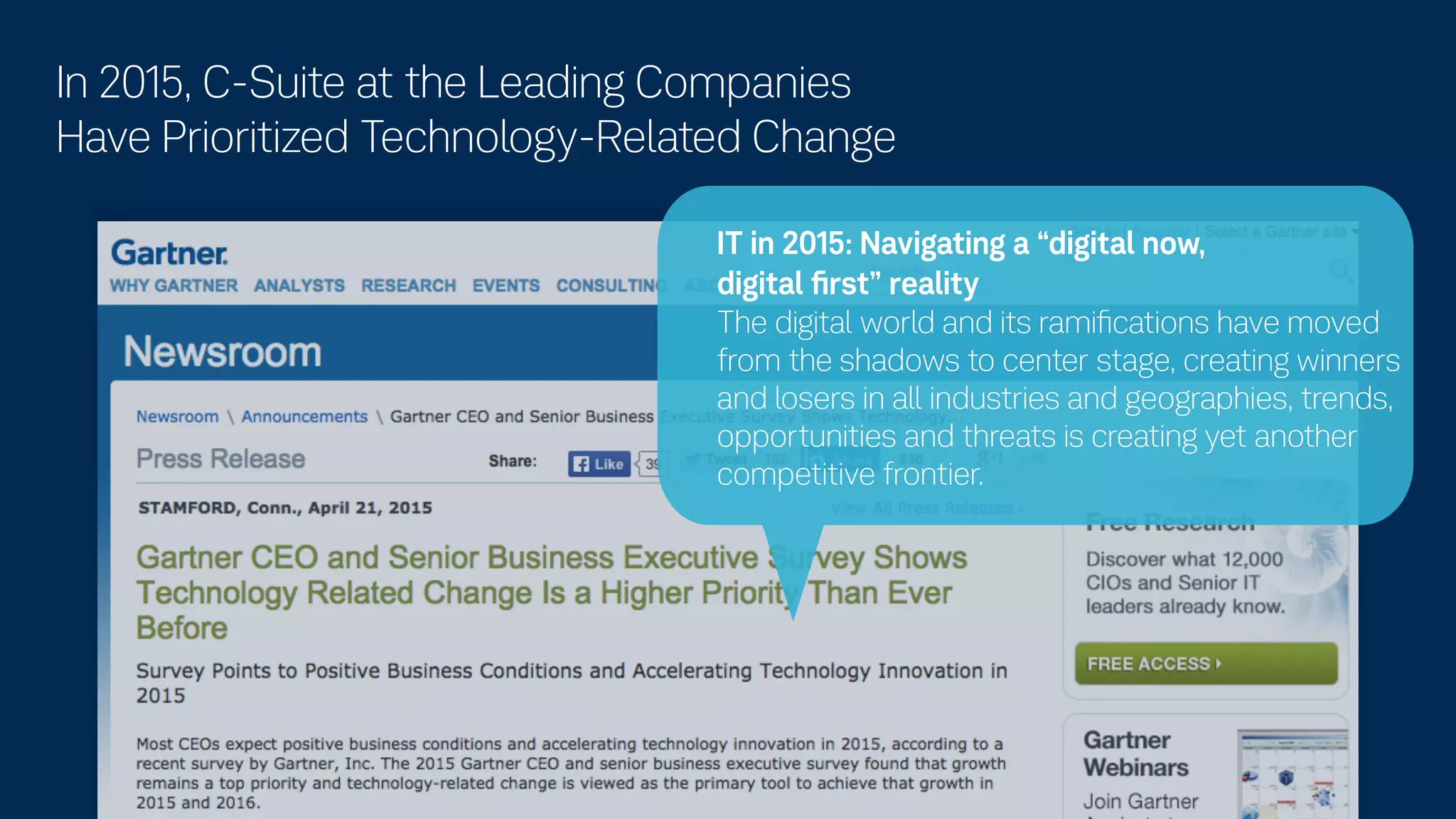 IT in 2015: Navigating a “digital now,
digital ﬁrst” reality
The digital world and its ramiﬁcations have moved
from the shadows to center stage, creating winners
and losers in all industries and geographies, trends,
opportunities and threats is creating yet another
competitive frontier.
 
In 2015, C-Suite at the Leading Companies
Have Prioritized Technology-Related Change
 