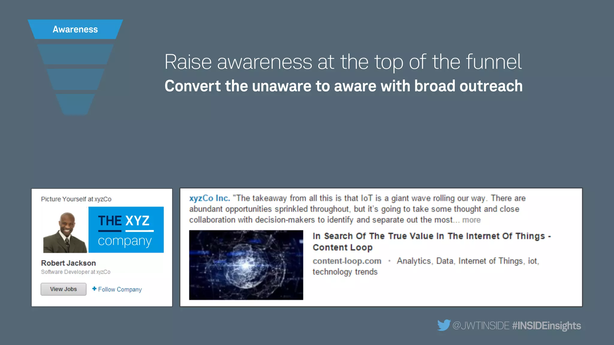 Raise awareness at the top of the funnel
@JWTINSIDE #INSIDEinsights
Convert the unaware to aware with broad outreach
tHE xYZ
company
Awareness
 