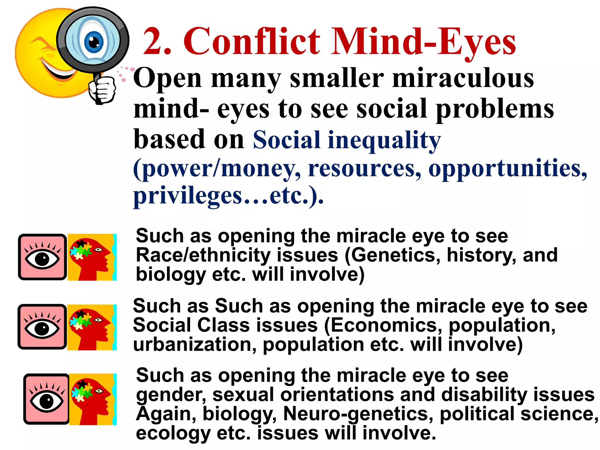 1. Functional mind-eyes:
A system of interrelated parts that is
relatively stable because each part
has a particular function in society
as a whole.
    Manifest functional mind-eye;
    Latent functional mind-eye;

    Dysfunctional mind-eye.
 