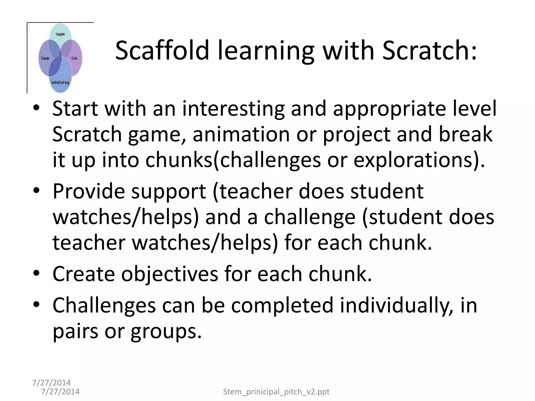 7/27/2014
• Start with an interesting and appropriate level
Scratch game, animation or project and break
it up into chunks(challenges or explorations).
• Provide support (teacher does student
watches/helps) and a challenge (student does
teacher watches/helps) for each chunk.
• Create objectives for each chunk.
• Challenges can be completed individually, in
pairs or groups.
7/27/2014 Stem_prinicipal_pitch_v2.ppt
Scaffold learning with Scratch:
 