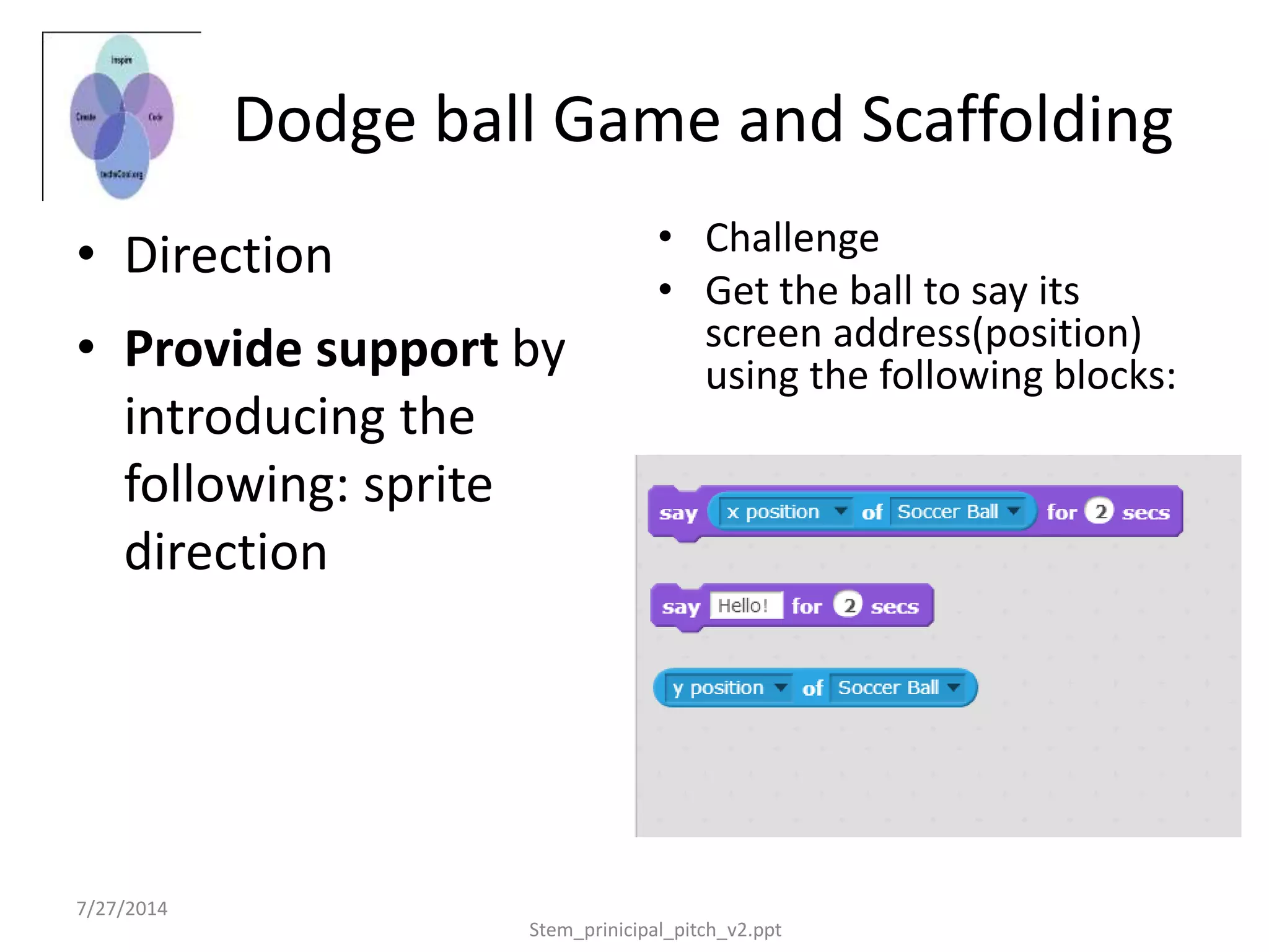 7/27/2014
Stem_prinicipal_pitch_v2.ppt
Dodge ball Game and Scaffolding
• Direction • Challenge
• Get the ball to say its
screen address(position)
using the following blocks:
• Provide support by
introducing the
following: sprite
direction
 