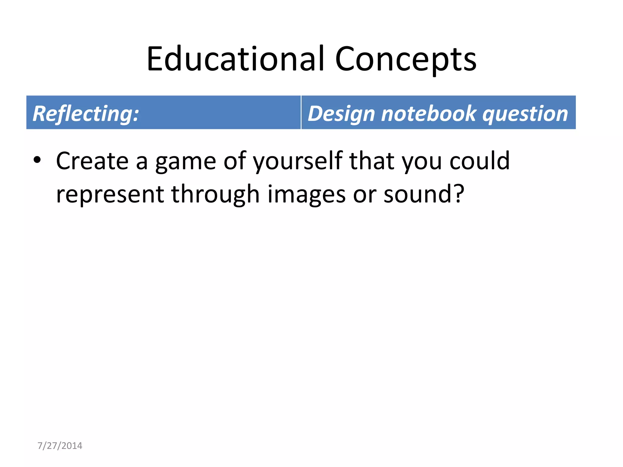 Educational Concepts
Reflecting: Design notebook question
7/27/2014
• Create a game of yourself that you could
represent through images or sound?
 