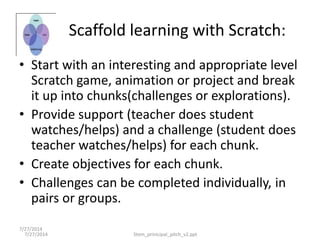 7/27/2014
• Start with an interesting and appropriate level
Scratch game, animation or project and break
it up into chunks(challenges or explorations).
• Provide support (teacher does student
watches/helps) and a challenge (student does
teacher watches/helps) for each chunk.
• Create objectives for each chunk.
• Challenges can be completed individually, in
pairs or groups.
7/27/2014 Stem_prinicipal_pitch_v2.ppt
Scaffold learning with Scratch:
 