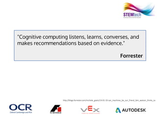"Cognitive computing listens, learns, converses, and
makes recommendations based on evidence."
Forrester
http://blogs.forrester.com/michele_goetz/14-01-10-can_machines_be_our_friend_ibm_watson_thinks_so
 