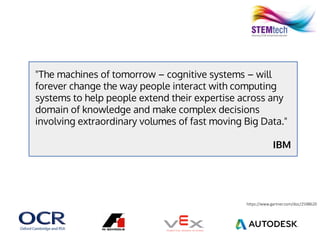 "The machines of tomorrow – cognitive systems – will
forever change the way people interact with computing
systems to help people extend their expertise across any
domain of knowledge and make complex decisions
involving extraordinary volumes of fast moving Big Data."
IBM
https://www.gartner.com/doc/2598620
 