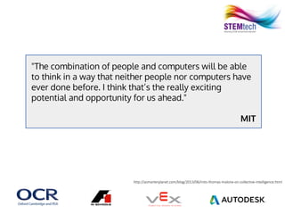 "The combination of people and computers will be able
to think in a way that neither people nor computers have
ever done before. I think that’s the really exciting
potential and opportunity for us ahead."
MIT
http://asmarterplanet.com/blog/2013/06/mits-thomas-malone-on-collective-intelligence.html
 