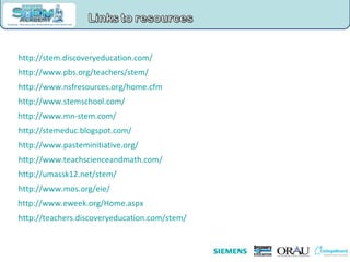 http:// www.nsfresources.org/home.cfm   http:// www.pbs.org /teachers/stem/   http:// stem.discoveryeducation.com /   http://www.mn-stem.com /   http:// www.stemschool.com /   http:// stemeduc.blogspot.com /   http:// www.mos.org/eie /   http:// www.pasteminitiative.org /   http:// www.teachscienceandmath.com /   http://umassk12.net/stem/   http:// teachers.discoveryeducation.com /stem/ http:// www.eweek.org/Home.aspx 