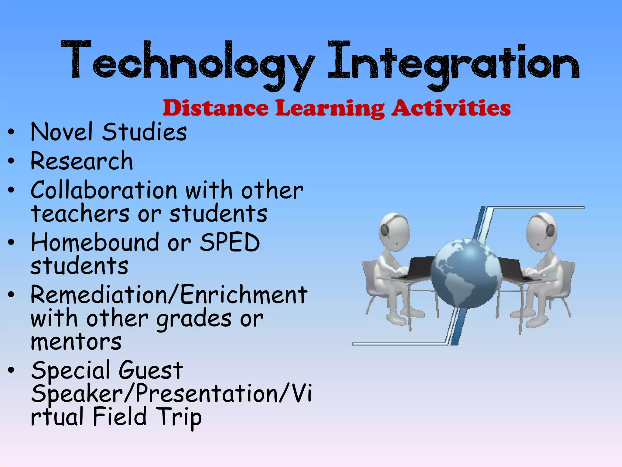 Technology Integration
                Distance Learning Activities
•   Novel Studies
•   Research
•   Collaboration with other
    teachers or students
•   Homebound or SPED
    students
•   Remediation/Enrichment
    with other grades or
    mentors
•   Special Guest
    Speaker/Presentation/Vi
    rtual Field Trip
 