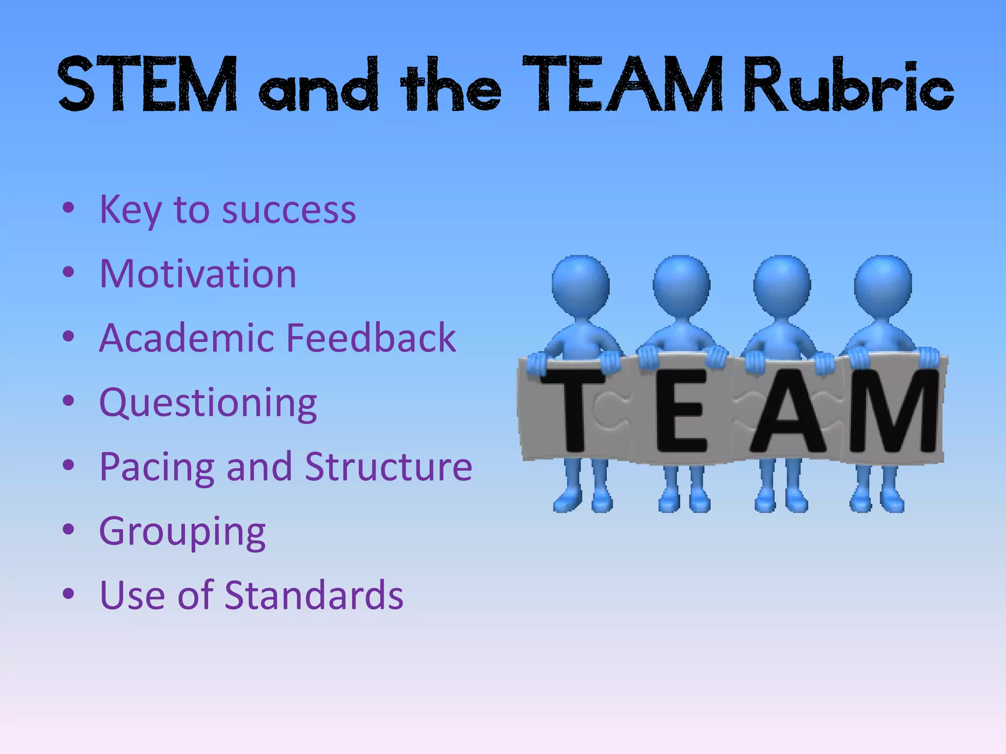 STEM and the TEAM Rubric

•   Key to success
•   Motivation
•   Academic Feedback
•   Questioning
•   Pacing and Structure
•   Grouping
•   Use of Standards
 