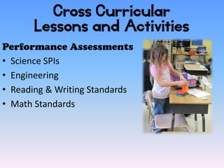 Cross Curricular
       Lessons and Activities
Performance Assessments
• Science SPIs
• Engineering
• Reading & Writing Standards
• Math Standards
 