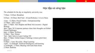 07/27/17 5
The schedule for the day at singularity university was:
7:30am - 8:45am: Breakfast
8:45am - 10:30am: Rob Nail - AI and Robotics: A Love Story
11am - 12:30pm: Pascal Finette - Entrepreneurship
12:30pm - 2pm: Lunch
2pm - 3:30pm: Alex Deghan and Brad Ack (oceans) - Digital
Biology
4pm - 6pm: SU Corporate partners share their thoughts on Global
Grand Challenges
6pm - 6:30pm: Wellness
6:30pm - 7pm: Dinner
7pm - 8pm: Intro to Laser Cutting 102
8pm - 9:30pm: Global Impact Challenge winners pitch their
projects
9:30pm - 11pm: Riccardo - Deep Learning
11pm - 12 midnight: Artificial Intelligence self-learning
12 midnight - 2:10am: Meeting with team back home
2:30am: Bedtime
H c t p và sáng t oọ ậ ạ
 