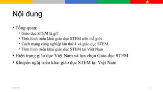 Nội dung
• Tổng quan:
• Giáo dục STEM là gì?
• Tình hình triển khai giáo dục STEM trên thế giới
• Cách mạng công nghiệp lần thứ 4 và giáo dục STEM
• Tình hình triển khai giáo dục STEM tại Việt Nam
• Hiện trạng giáo dục Việt Nam và lựa chọn Giáo dục STEM
• Khuyến nghị triển khai giáo dục STEM tại Việt Nam
07/27/17 6
 