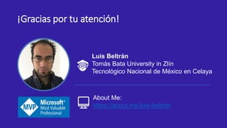 ¡Gracias por tu atención!
Luis Beltrán
Tomás Bata University in Zlín
Tecnológico Nacional de México en Celaya
About Me:
https://about.me/luis-beltran
 