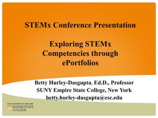 STEMx Conference Presentation
Exploring STEMx
Competencies through
ePortfolios
Betty Hurley-Dasgupta, Ed.D., Professor
SUNY Empire State College, New York
betty.hurley-dasgupta@esc.edu
 
