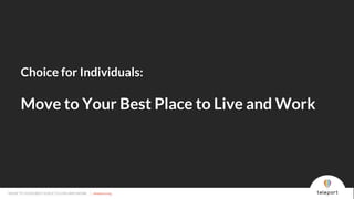 MOVE TO YOUR BEST PLACE TO LIVE AND WORK | teleport.org
Choice for Individuals:
Move to Your Best Place to Live and Work
MOVE TO YOUR BEST PLACE TO LIVE AND WORK | teleport.org
 