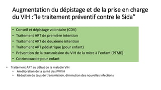 Augmentation du dépistage et de la prise en charge
du VIH :“le traitement préventif contre le Sida”
• Traitement ART au début de la maladie VIH
• Amélioration de la santé des PVVIH
• Réduction du taux de transmission, diminution des nouvelles infections
• Conseil et dépistage volontaire (CDV)
• Traitement ART de première intention
• Traitement ART de deuxième intention
• Traitement ART pédiatrique (pour enfant)
• Prévention de la transmission du VIH de la mère à l'enfant (PTME)
• Cotrimoxazole pour enfant
 