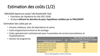 Estimation des coûts (1/2)
ONUSIDA Spectrum-tools/ UN-OneHealth Tool
• Estimation de l’épidémie du VIH 2017-2036
• Analyse utilisant les données du pays: hypothèses validées par le PNLS/MSPP
Estimation des coûts par an
• Intrants médicaux, tests de laboratoires et autres
• Coûts d’approvisionnement et de stockage
• Coûts opérationnels institutionnels pour la prestation de service (consultations et
hospitalisations)
• Gestion de programme Coûts annuels par patient des intrants
médicaux, etc. (USD)
ART
Coûts ajoutés pour les tests de
laboratoire (CD4, viral load, complete
blood count)
ART 1ère intention pour hommes 153.2 190
ART 1ère intention pour femmes 153.2 190
ART 2ème intention pour adultes 427.6 190
Cotrimoxazole pour enfants 9.8
ART pédiatrique 117.7
Source: WHO guidelines, UN price estimates
 