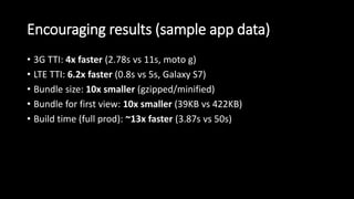 Encouraging results (sample app data)
• 3G TTI: 4x faster (2.78s vs 11s, moto g)
• LTE TTI: 6.2x faster (0.8s vs 5s, Galaxy S7)
• Bundle size: 10x smaller (gzipped/minified)
• Bundle for first view: 10x smaller (39KB vs 422KB)
• Build time (full prod): ~13x faster (3.87s vs 50s)
 