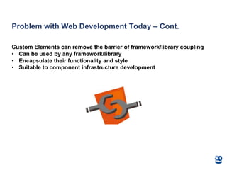 Problem with Web Development Today – Cont.
Custom Elements can remove the barrier of framework/library coupling
• Can be used by any framework/library
• Encapsulate their functionality and style
• Suitable to component infrastructure development
 