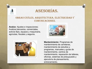 Asesorías.
Obras civiles, arquitectura, electricidad y
comunicaciones.
Avalúo: Ajustes e inspecciones;
Avalúos bancarios, comerciales,
activos fijos, equipos y maquinaria,
agrícolas, fiscales y seguros.
Mantenimiento: Programas de
mantenimiento de carreteras,
mantenimiento de estudios y
programas, manuales y guías de
mantenimiento, centros de
mantenimiento, reparación de talleres,
oficinas, sistemas de presupuesto y
ejecutoría de planeamiento,
entrenamiento.
 