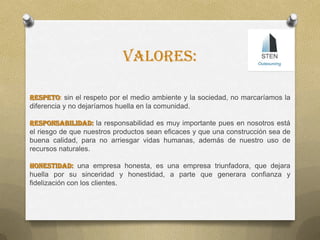 VALORES:
Respeto: sin el respeto por el medio ambiente y la sociedad, no marcaríamos la
diferencia y no dejaríamos huella en la comunidad.
Responsabilidad: la responsabilidad es muy importante pues en nosotros está
el riesgo de que nuestros productos sean eficaces y que una construcción sea de
buena calidad, para no arriesgar vidas humanas, además de nuestro uso de
recursos naturales.
Honestidad: una empresa honesta, es una empresa triunfadora, que dejara
huella por su sinceridad y honestidad, a parte que generara confianza y
fidelización con los clientes.
 