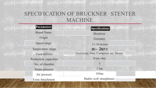 SPECIFICATION OF BRUCKNER STENTER
MACHINE
Parameters
Specifications
Brand Name
Origin
Speed range
Temperature range
Used utilities
Production capacities
No. of chamber
Steam pressure
Air pressure
Extra Attachment
Bruckner
Germany
15-30 m/min
so- 2so0 c
Electricity, Gas, Compress air, Steam
- - - -
8 ton /day
3
2 bar
10 bar
Mahlo weft straightener
 
