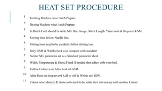 HEAT SET PROCEDURE
1 Knitting Machine wise Batch Prepare.
2 Dyeing Machine wiae Batch Prepare.
3 In Batch Card should be write M/c Dia, Gauge, Stitch Length, Yarn count & Required GSM.
4 Sewing time follow Needle line.
5 Slitting time need to be carefully follow slitting line.
6 Grey GSM & Width check also compare with standard.
7 Stenter M/c parameter set as a Standard parameter sheet.
8 Width, Temperature & Speed Fixed If needed then adjust only overfeed.
9 Follow Colour wise After heat set GSM
10 After Heat set keep record Roll to roll & Within roll GSM.
11 Colour wise identify & Some rolls need to be write then not mix-up with another Colour.
 