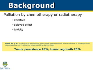 Background Palliation by chemotherapy or radiotherapy effective delayed effect toxicity Homs MY et al.  Single-dose brachytherapy versus metal stent placement for the palliation of dysphagia from oesophageal cancer: multicentre randomised trial.  Lancet. 2004  Tumor persistence 18%, tumor regrowth 26% 