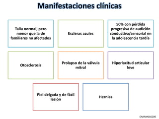 Manifestaciones clínicas 
Talla normal, pero 
menor que la de 
familiares no afectados 
Escleras azules 
50% con pérdida 
progresiva de audición 
conductiva/sensorial en 
la adolescencia tardía 
Otosclerosis 
Prolapso de la válvula 
mitral 
Hiperlaxitud articular 
leve 
Piel delgada y de fácil 
lesión 
Hernias 
OMIM#166200 
 