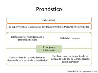 Pronóstico 
Mortalidad 
La supervivencia a largo plazo es posible, con múltiples fracturas y deformidades 
Estatura corta, fragilidad ósea y 
deformidad severa 
Debilidad muscular 
Contracturas de las articulaciones, 
desarrolladas a partir de la inactividad 
Escoliosis progresiva, poniendo en 
peligro la vida por descompensación 
cardiopulmonar 
Principales 
limitaciones 
OMIM #259420, Faqeih et al. (2009) 
 